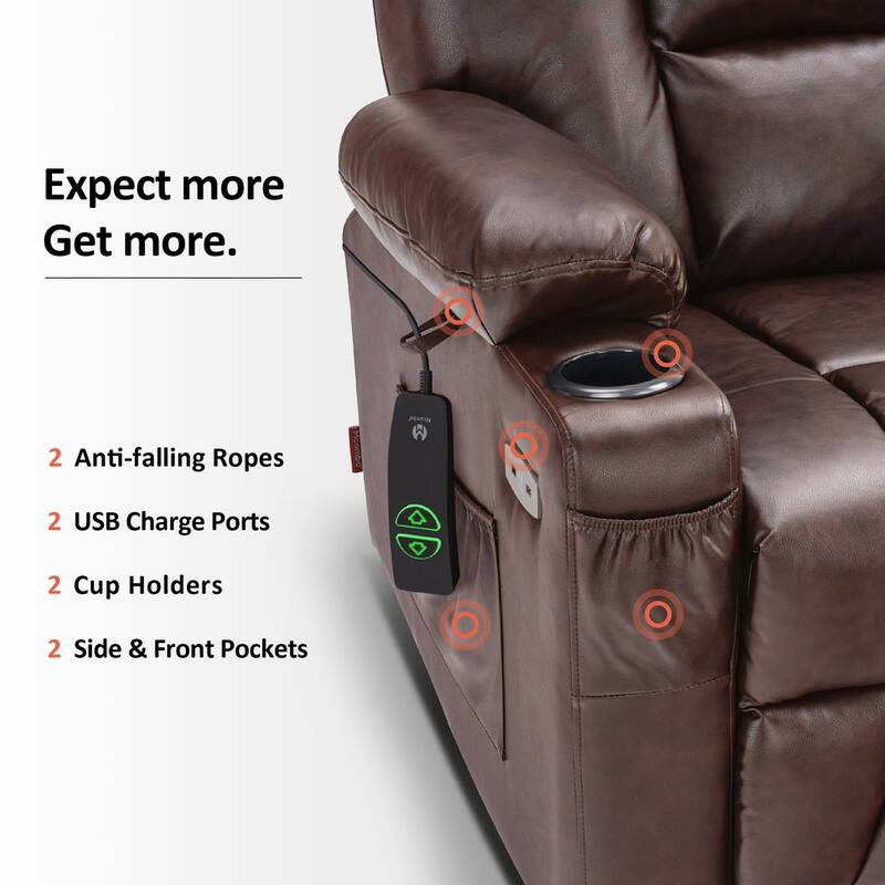 MCombo Power Lift Recliner Chair with Massage and Heat for Elderly, Extended Footrest, USB Ports, Faux Leather(Medium)