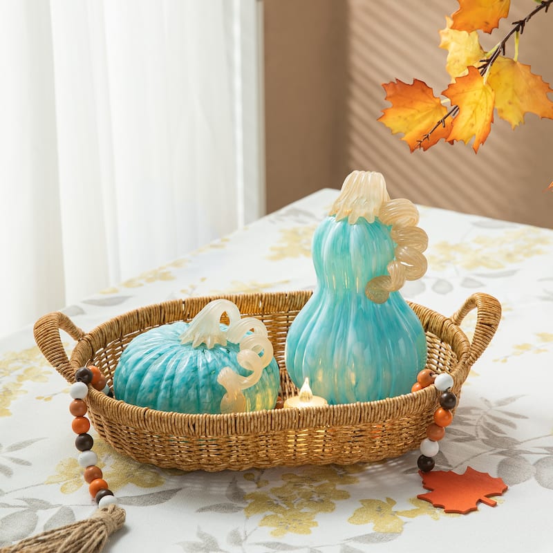 Glitzhome Fall Harvest Amber Dots Blue Round Glass Pumpkin Table Decor for Thanksgiving Christmas