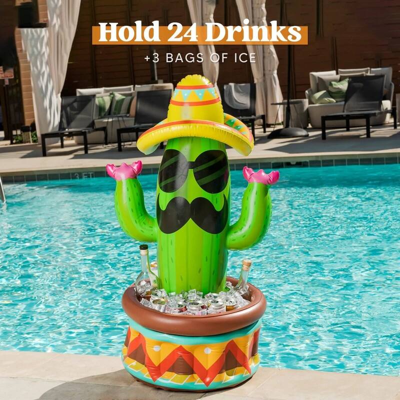 36 inches in Length Green PVC 36" Inflatable Cactus Cooler with Sombrero Hat - 2 x 9 x 10
