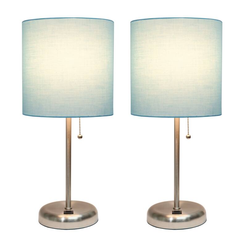 19.5 in. Brushed Steel Finish Table Lamp with Blue Shade, Durable Stick Lamp for End/Side Tables, Set of 2