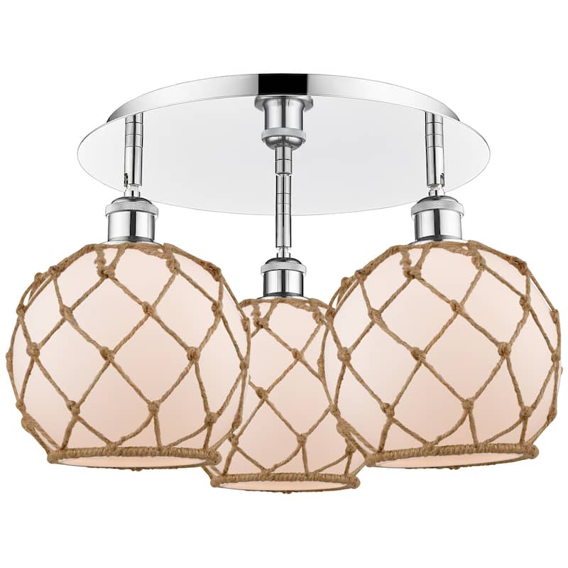 Innovations Lighting 516-3C-12-20 Farmhouse Rope Semi-Flush Farmhouse - Polished Chrome / White Glass with Brown Rope