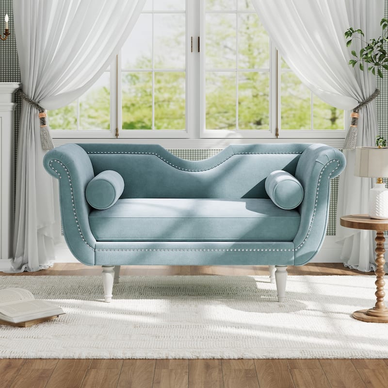 Christopher Knight Home - Velvet Bench with Nailhead Trim & Curved Arms - Light Blue