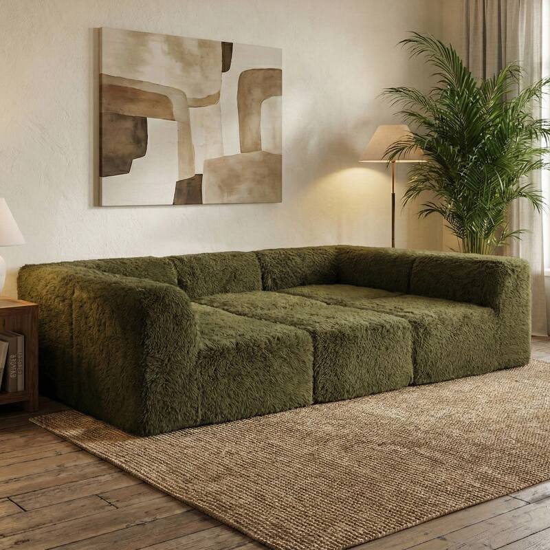 Furniture of America Ylena Modern 6-Piece Fur-Like Foam Modular Compressed Sofa Bed - Olive Green