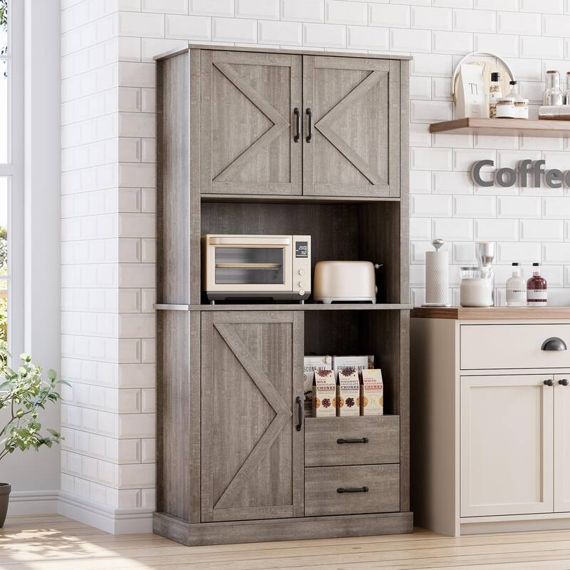 Pantry Cabinet with 2 Drawers and Open Shelves, Tall Freestanding Kitchen Pantry Cabinet with Microwave Shelf - Grey