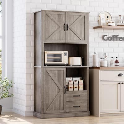 Pantry Cabinet with 2 Drawers and Open Shelves, Tall Freestanding Kitchen Pantry Cabinet with Microwave Shelf