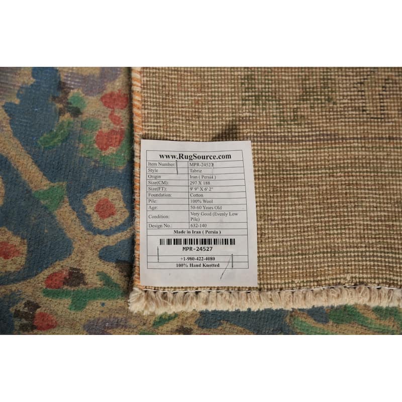Blue Floral Tabriz Persian Area Rug Hand-Knotted Wool Carpet - 6'2"x 9'9"