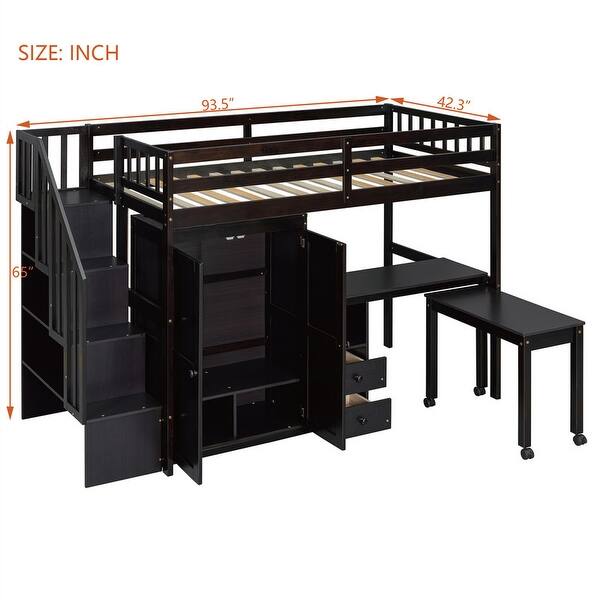 dimension image slide 2 of 6, Twin/Full Size Loft Bed with Storage Staircase, Wardrobe and Desk, Solid Wood Loft Bedframe with 2 Storage Drawers and Shelves