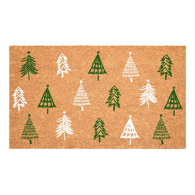 HomeRoots 17" X 29" Brown Green And White Christmas Trees Outdoor Coir Door Mat - 17.00' X '29.00