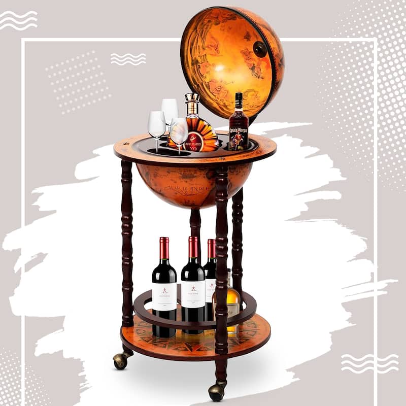 Elegant Italian Wood Globe Wine Bar Stand Liquor Wine Bottle Shelf
