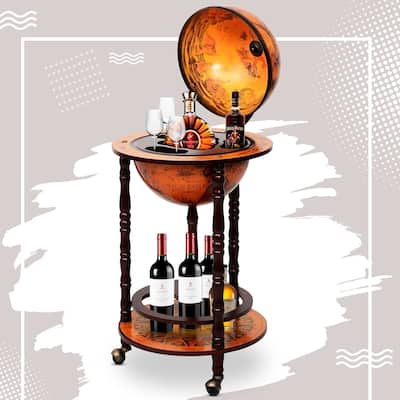 Elegant Italian Wood Globe Wine Bar Stand Liquor Wine Bottle Shelf