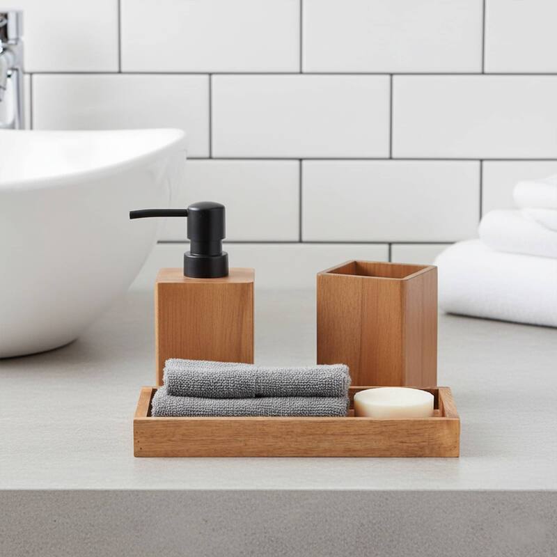 Acacia Bathroom Accessory Set 3-Pieces Rectangular - tumbler, soap dispenser and a rectangular tray