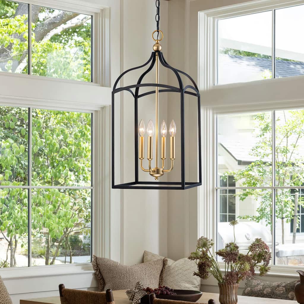 12" Rustic Chandeliers 4-Light Ceiling Cage Hanging Lights Black mixed Gold Pendant Light Fixtures