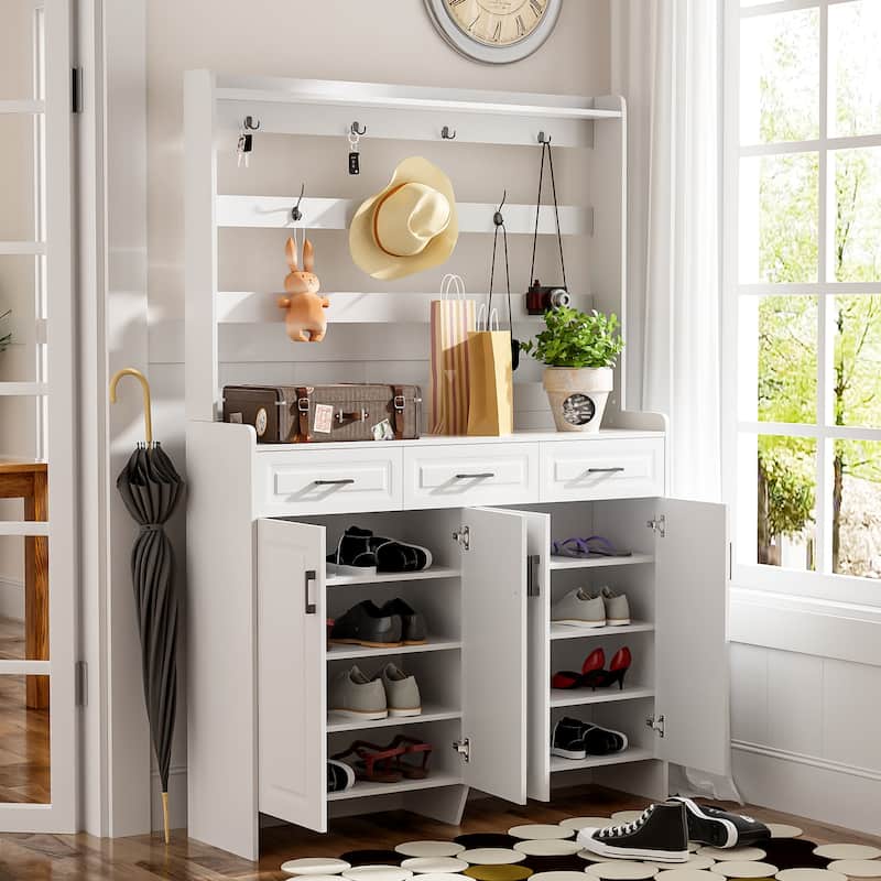 Roomfitters 51.2" Shoe Cabinet with Coat Rack, 4 Doors, 3 Drawers, 8 Shelves, Storage Organizer