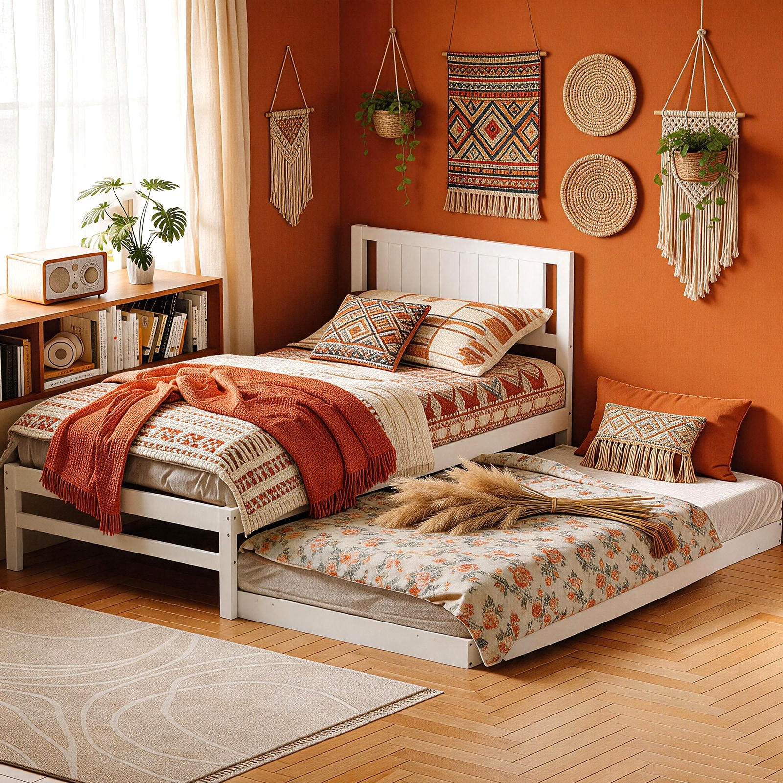 Solid Wood Twin and Twin Platform Bed Frame with Headboard and Pop-Up Trundle, Space-Saving No Box Spring Needed for Guest Room