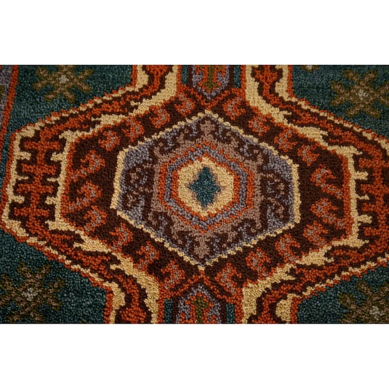 Green Geometric Kazak Indian Runner Rug Hand-Knotted Wool Carpet - 2'5"x 9'9"