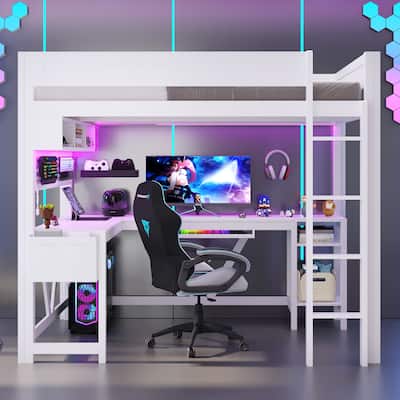 Full Size Gaming Loft Bed with Desk, Wood Frame with Storage Shelves, LED Lights & Charging Station