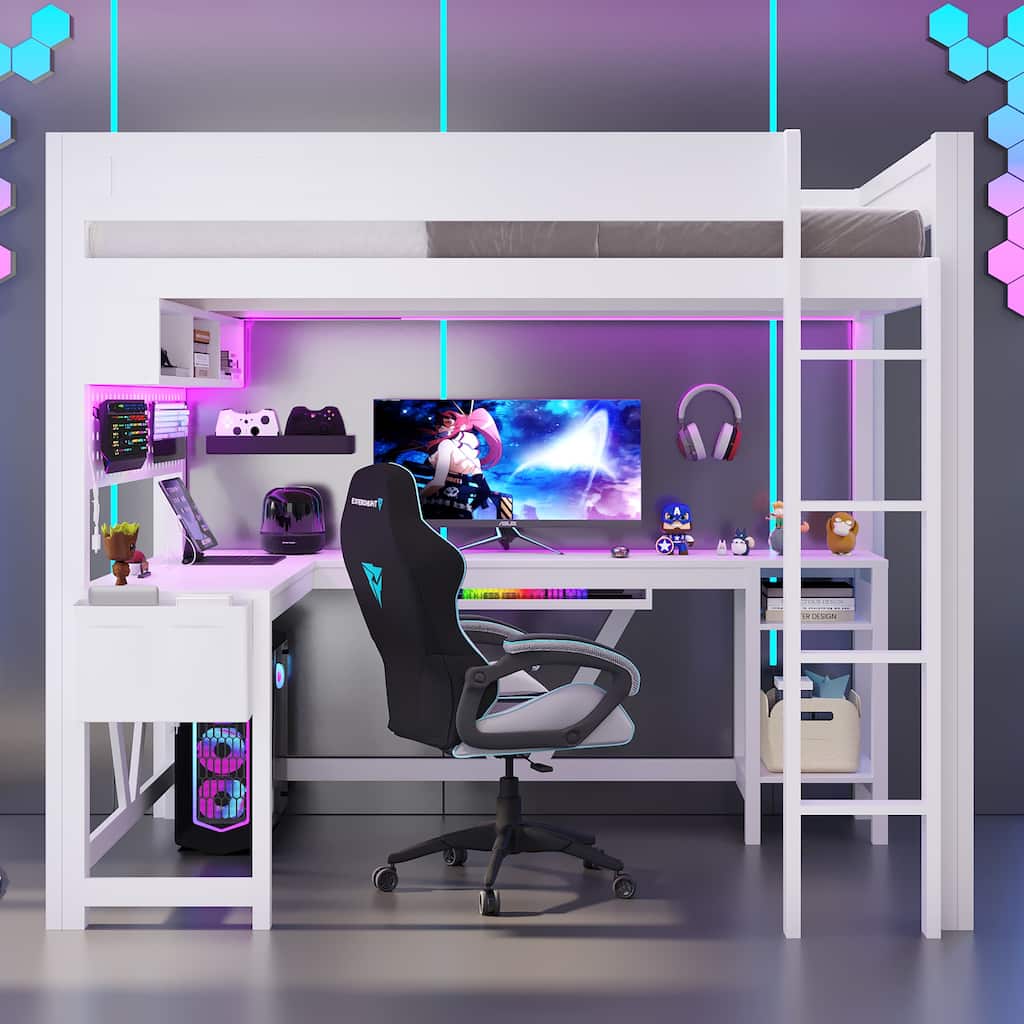 Full Size Gaming Loft Bed with Desk, Wood Frame with Storage Shelves, LED Lights & Charging Station