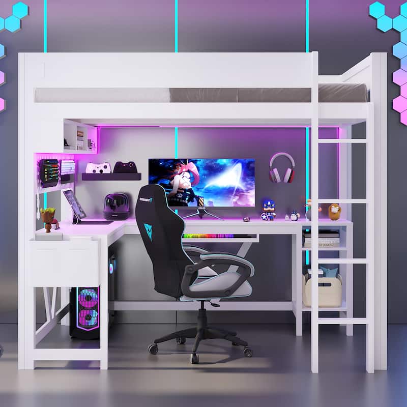 Wood Full Size Gaming Loft Bed Frame with Computer Desk, Grid Storage Panel, Storage Shelves, Cabinet, LED and Charging Station