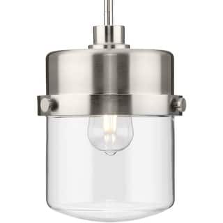 Beckner Collection One-Light Brushed Nickel Clear Glass Urban Industrial Pendant Light - 8 in x 8 in x 11.25 in
