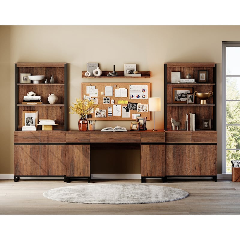 WAMPAT 59" Modern Executive Desk with Charging Station & Storage Cabinet + 72" Tall Bookcases.