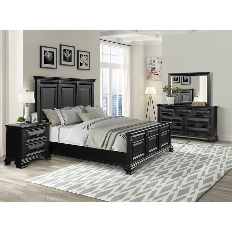 Roundhill Furniture Renova Vintage Black Wood Bedroom Set, Panel Bed, Dresser, Mirror, Two Nightstands - King
