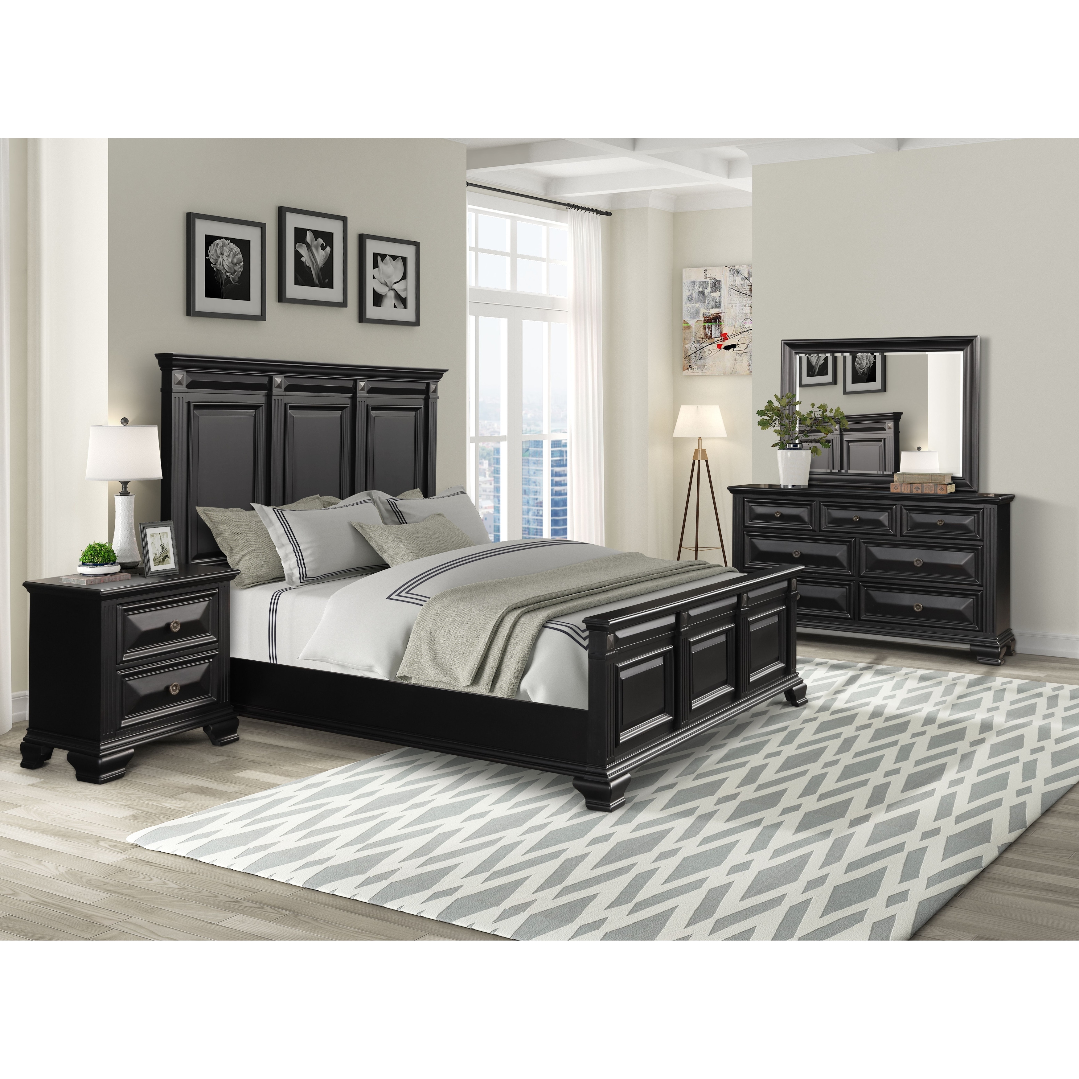 Roundhill Furniture Renova Vintage Black Wood Bedroom Set, Panel Bed, Dresser, Mirror, Two Nightstands