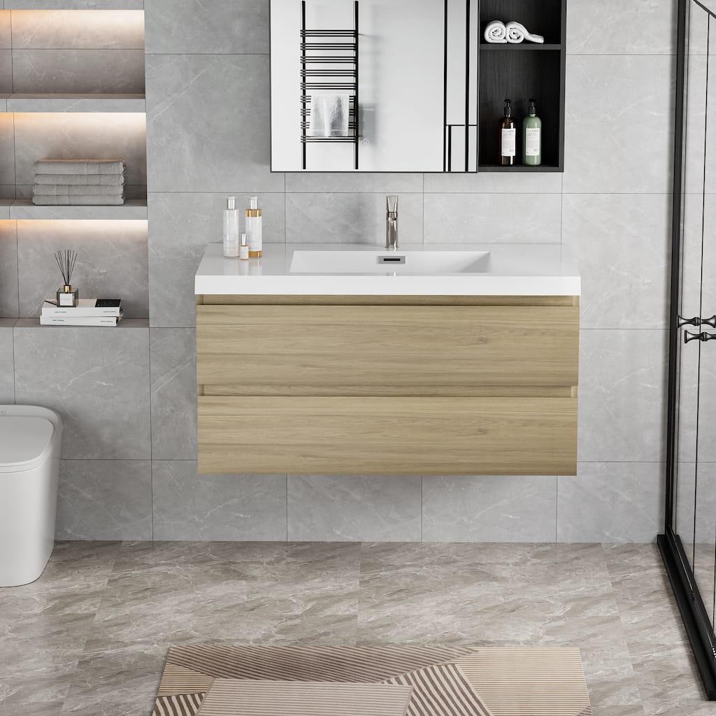 42"Bathroom Vanity with Sink,Modern Wall-Mounted Bathroom Storage Vanity Cabinet with Resin Top Basin and Soft Close Drawers