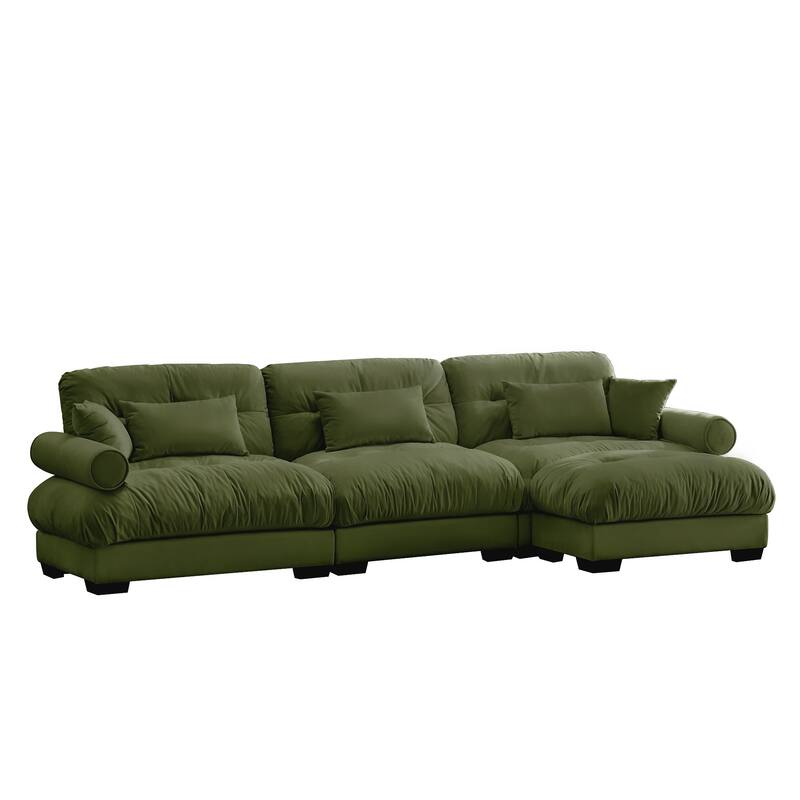 130" 3-Seat Velvet Oversized Modular Sectional Sofa with Movable Ottoman, Bolstered Armrests, and Cloud Cushions