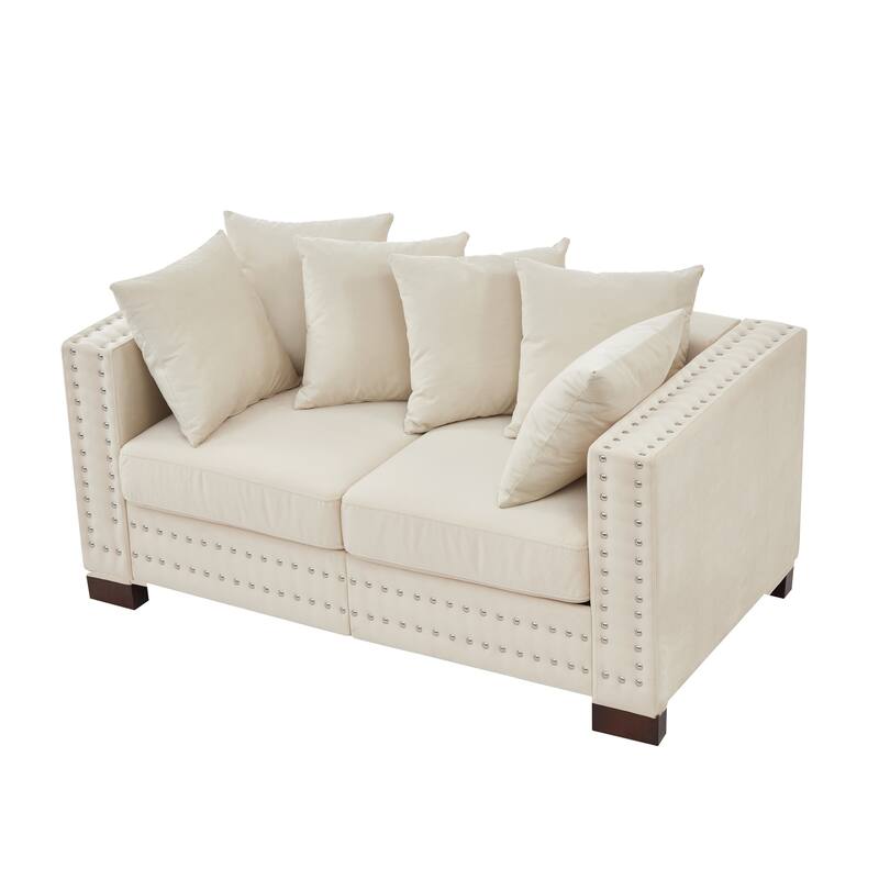 Apricot Velvet Loveseat with Square Armrest and Silver Nails Decoration