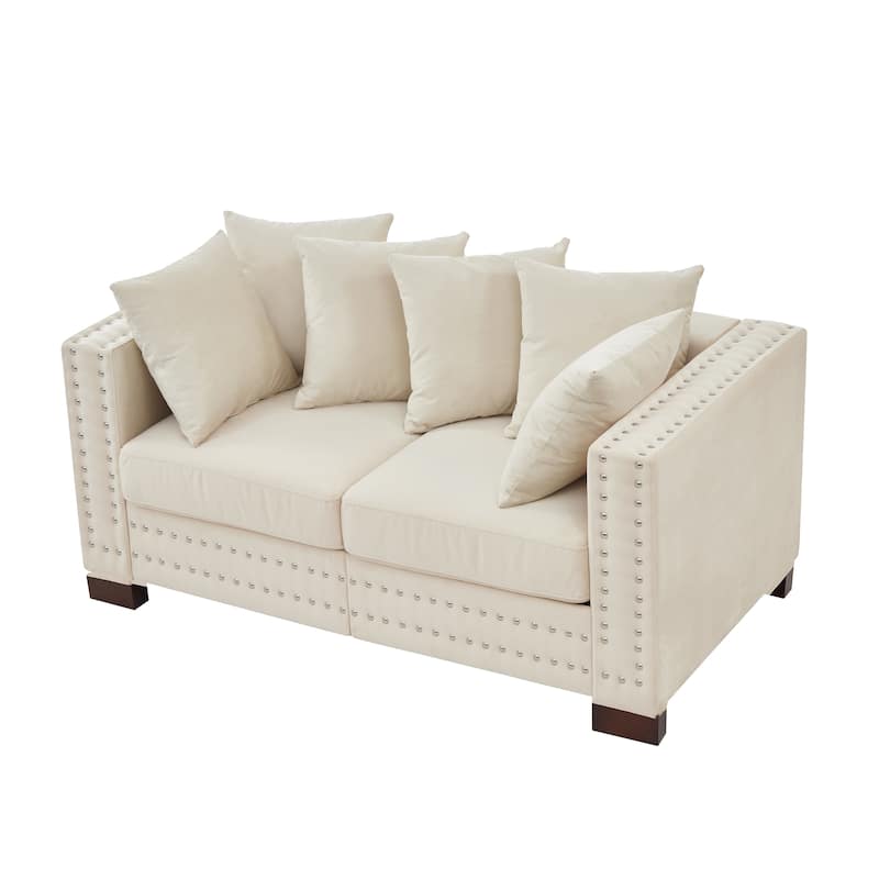 Velvet Loveseat Sofa with Storage, Comfy Upholstered Deep Seat Sofa, 2-Seater Sofa with Nailhead Trim & 6 Throw Pillows