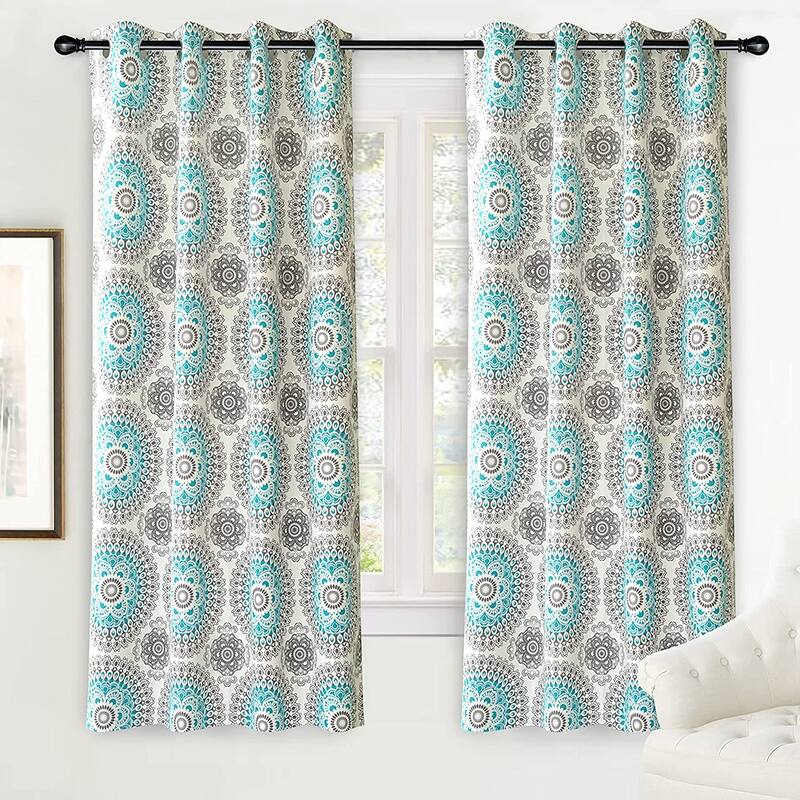 DriftAway Bella Medallion Printed Room Darkening Grommet Window Curtain Panel Pair - 52" Width X 72 " Length - Aqua/Gray