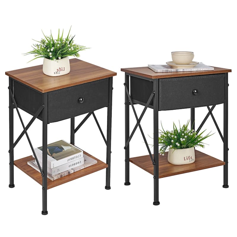 Javlergo 2 Pack X Frame Nightstand with Removable Fabric Drawer Easy to Clean Multifunctional End Table with Open Shelf - Brown