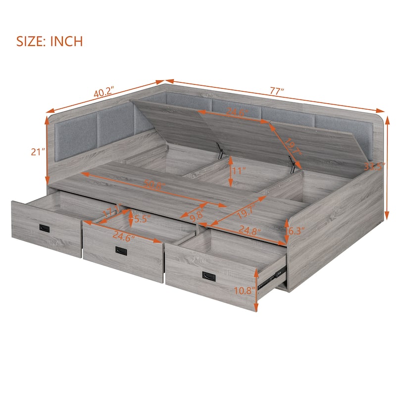 Modern Style Daybed with Three Drawers and Three Storage Compartments for Bedroom