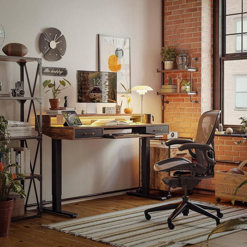 FEZIBO Height Adjustable Electric Standing Desk with Double Drawers&Keyboard Tray, Stand Up Desk with LED Strips - Rustic Brown - 24"D x 48"W x 27.5"H