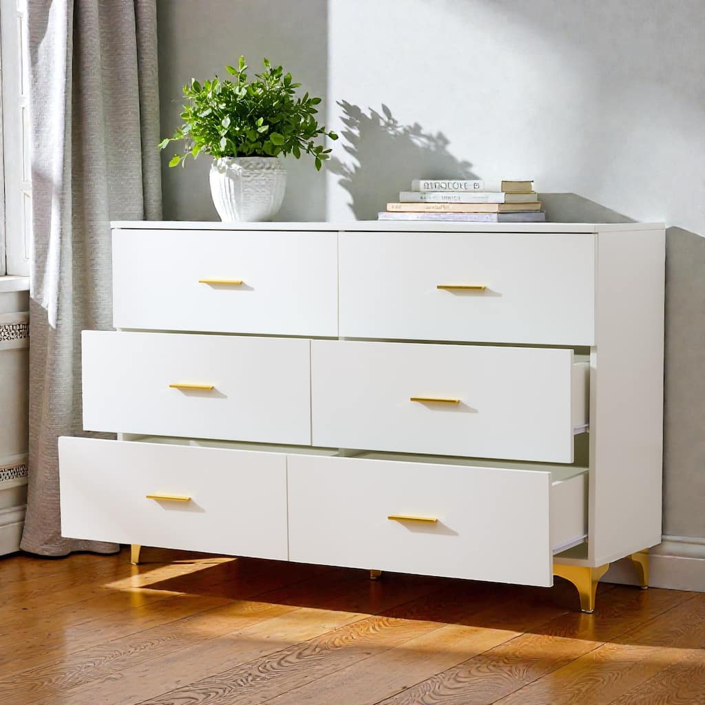 White Modern 6-Drawer Dresser with Gold Handles and Triangle Legs, Minimalist Storage Cabinet for Bedroom or Living Room