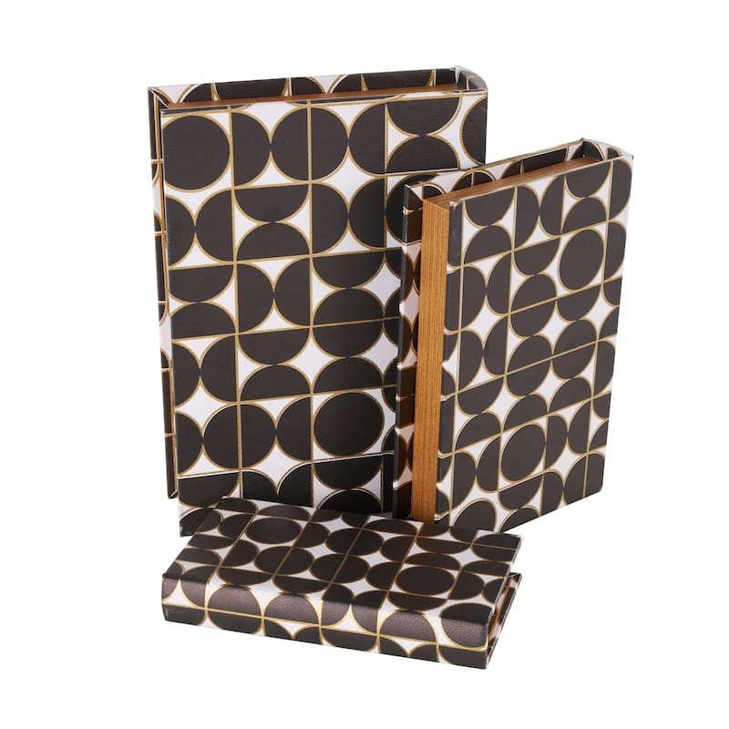Faux Leather Faux Book Storage Box with Circle and Semi-Circle Pattern - Set of 3 Black - Roche River Decor