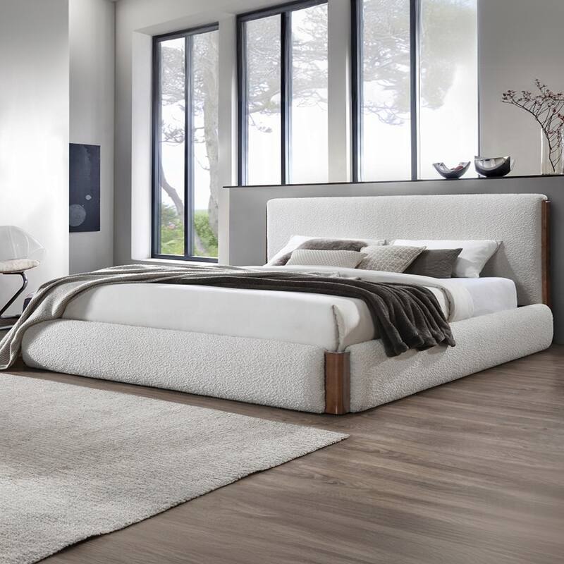 Boucle Upholstered Eastern King Bed in White and Walnut
