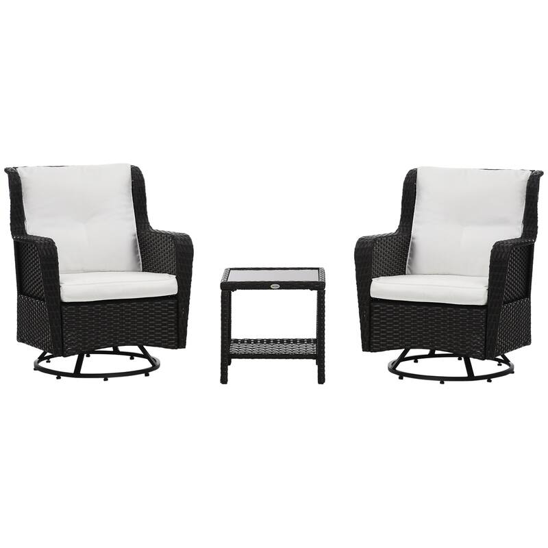 Outsunny 3-Piece Patio Bistro Set, PE Rattan Wicker Outdoor Furniture with Soft Cushions, 2 360° Swivel Rocking Chairs