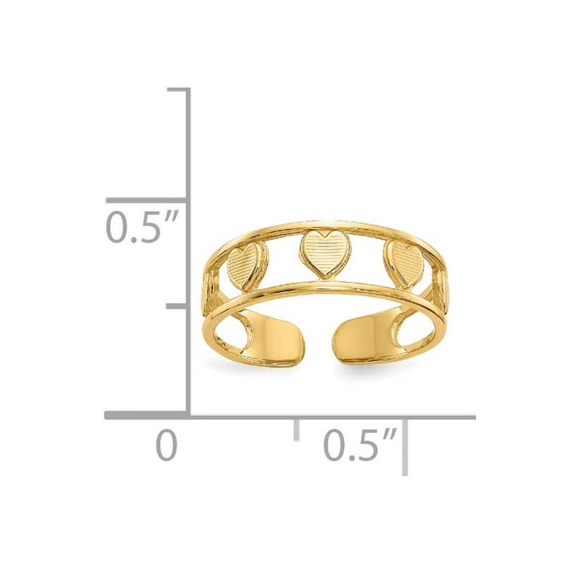 Curata 14 karat Yellow Gold Solid Textured Polished Love Heart Adjustable Toe Ring (5mm)