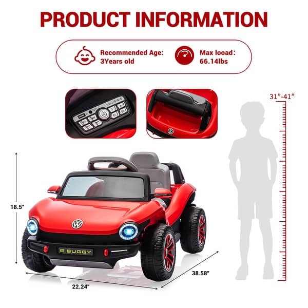 dimension image slide 2 of 3, 12V Licensed Volkswagen Beetle Ride-On Car for Kids with Remote Control, Battery Powered Electric Vehicle Toy