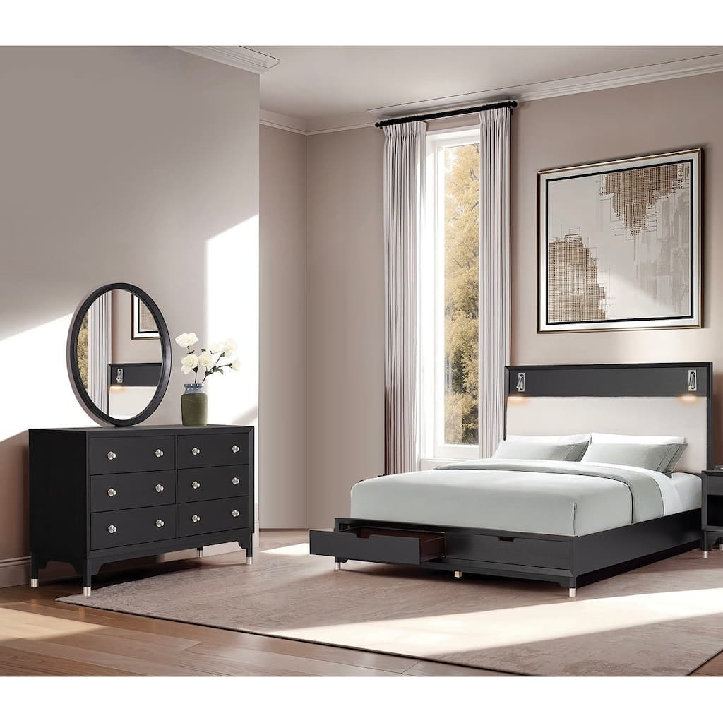 Upholstered Black Finish 3PC Bedroom Furniture Set Classic