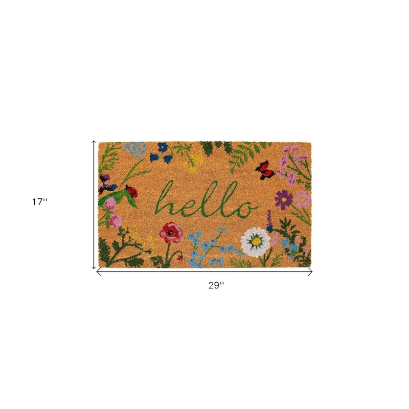 HomeRoots 17" X 29" Natural and Green Coir Floral Hello Outdoor Door Mat - 17.00' X '29.00