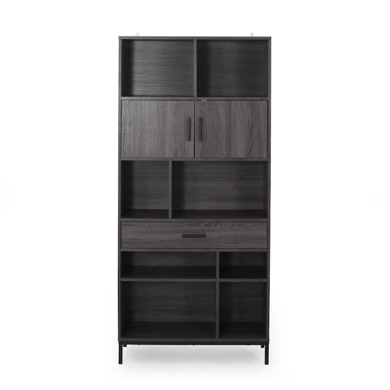 Roomfitters Tall Bookshelf with Open Storage Shelves, Cabinet Doors and Drawer, Freestanding Bookcase, Grey