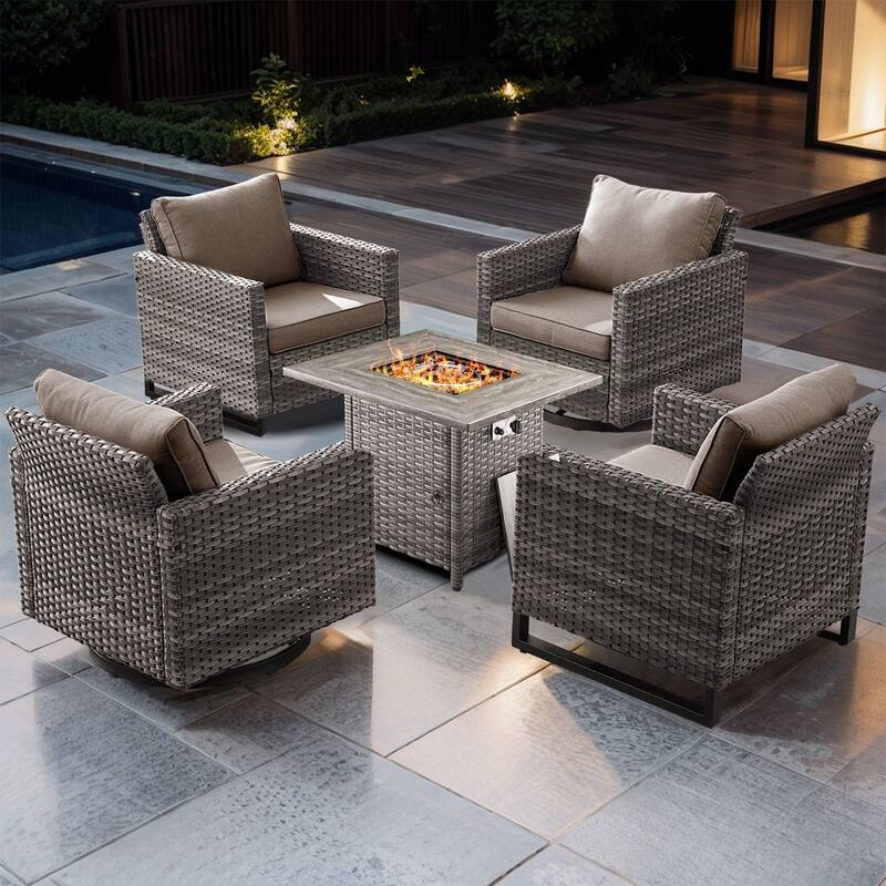 5 Pieces Fire Pit Table with Outdoor Swivel Chair Patio Chair - Gray Wicker - Gray cushion