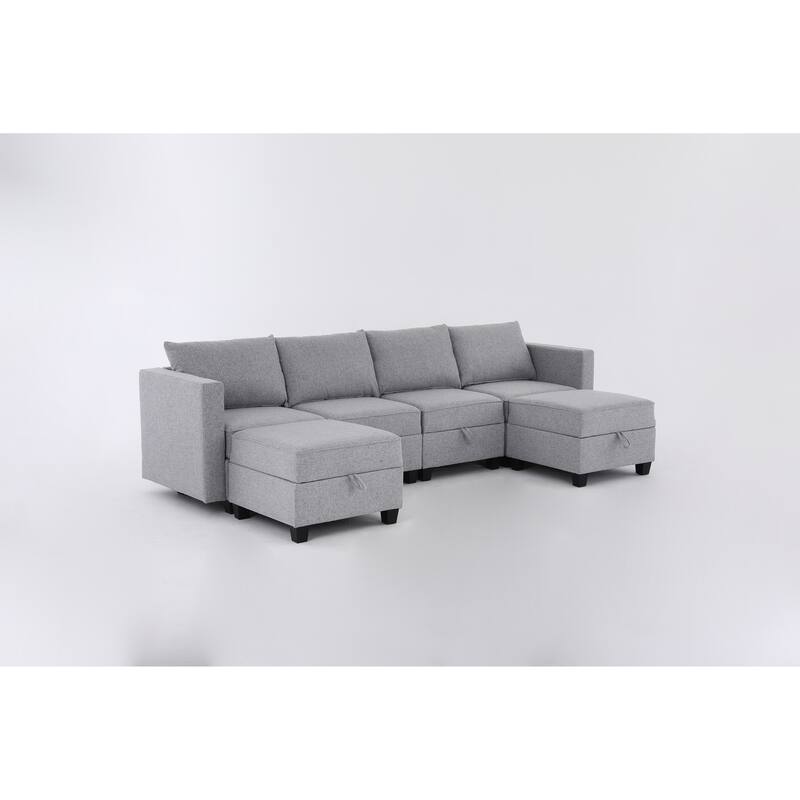 110.3" Burlap Modular U-Shaped 6-Seater Sectional Sofa with Reversible Chaise, Built-in Storage and Convertible Design