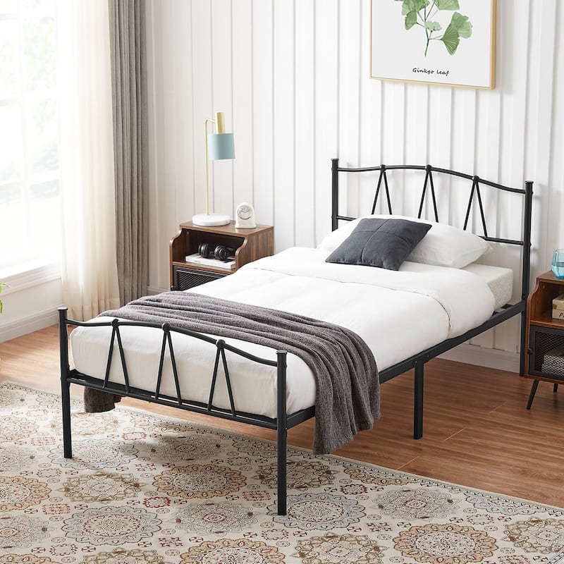 Industrial 3 Piece Bedroom Set Black Platform Bed Frame and Modern Brown Nightstands Set of 2
