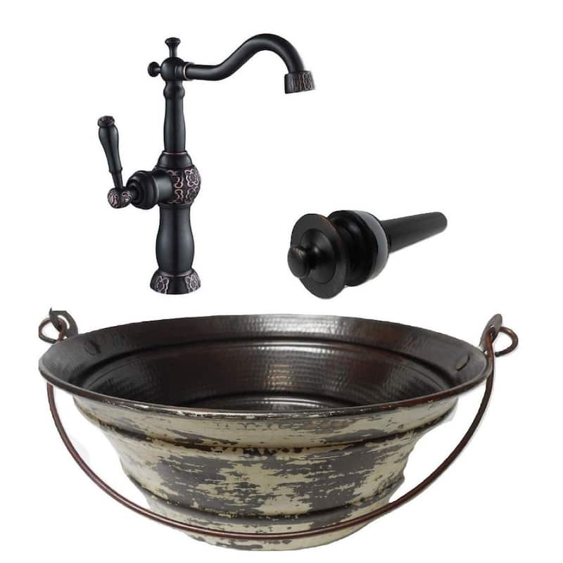 15" Round Copper Vessel Bucket Sink Distressed White Exterior, 13" Faucet & Drain Included - 15" x 15" x 6"