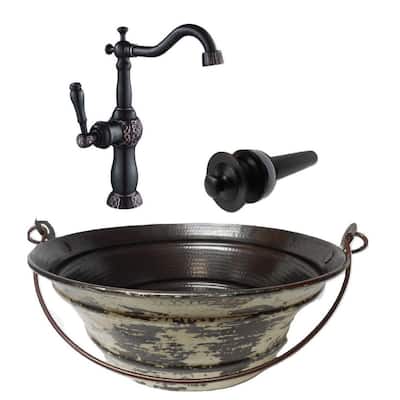 15" Round Copper Vessel Bucket Sink Distressed White Exterior, 13" Faucet & Drain Included - 15" x 15" x 6"
