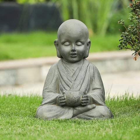 Stone Finish Grey MgO Buddha Monk and Bowl Garden Statue