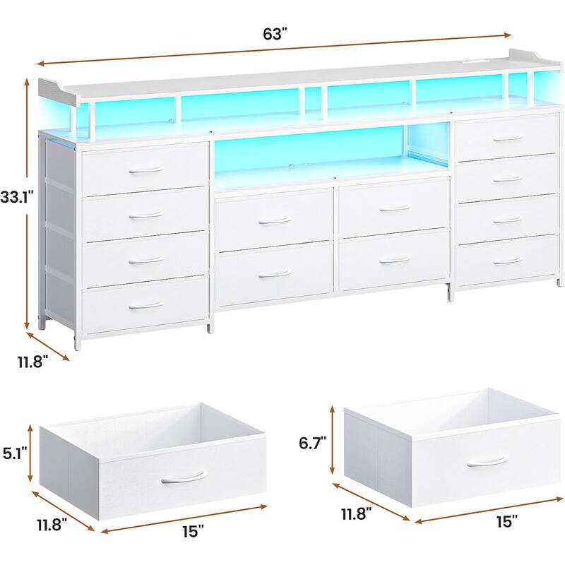 TV Stand with LED Lights Power Outlets Dresser Fabric Drawers Entertainment Center